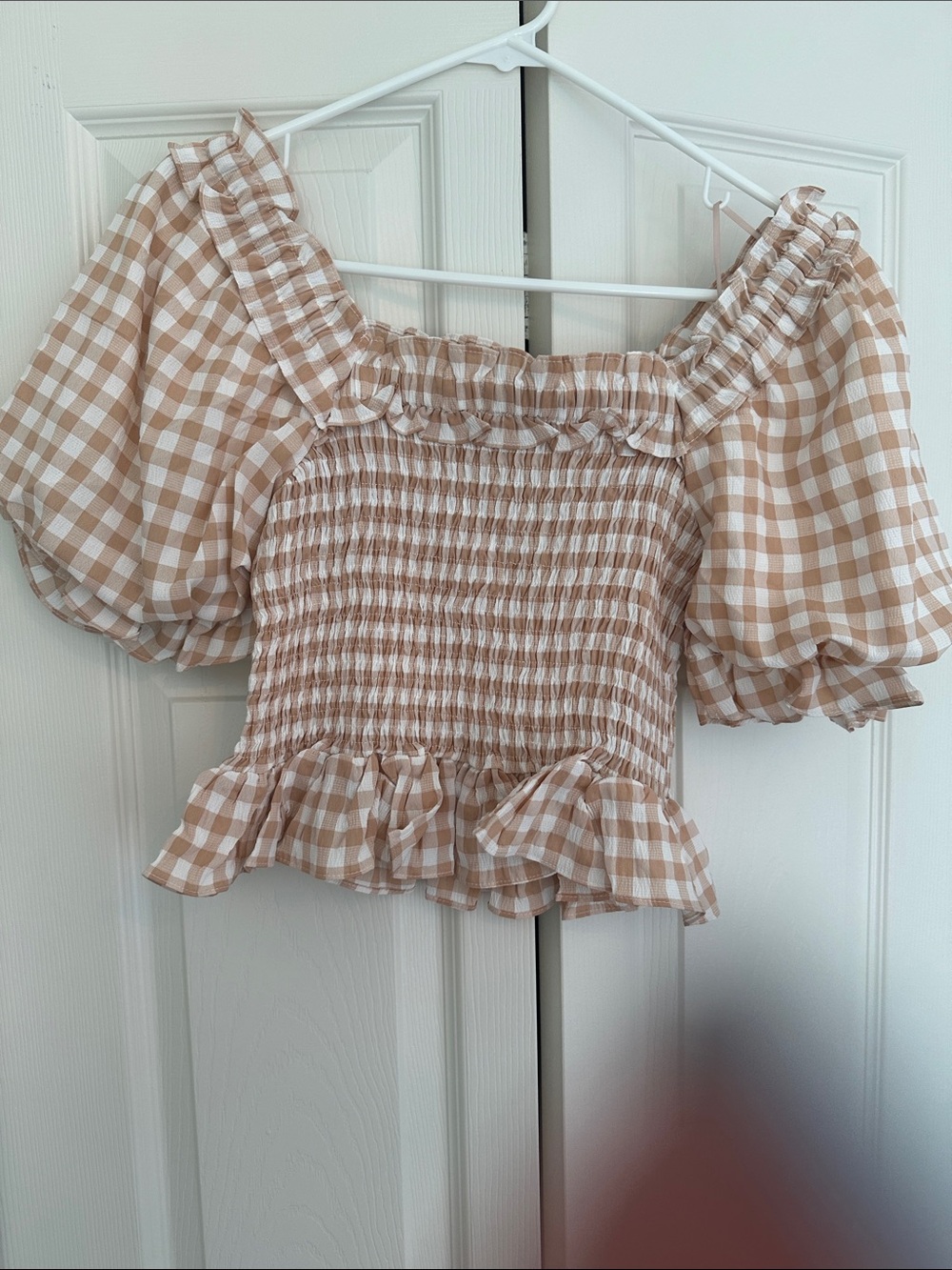 Plaid Smocked Puff Sleeve Crop Top in Beige